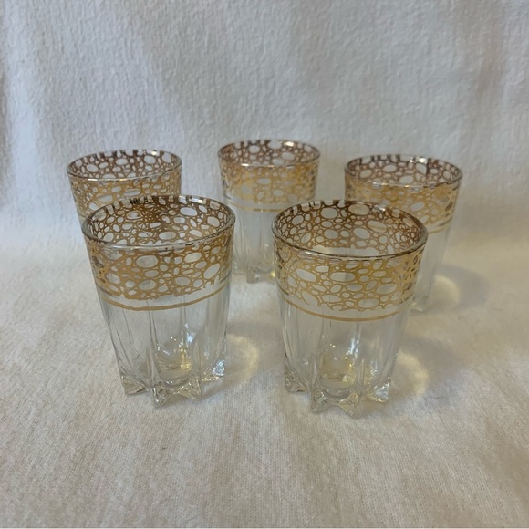 french glassware Other - Vintage French Shot glasses Gold Detailing “Star” Base 1950’s Set of 5